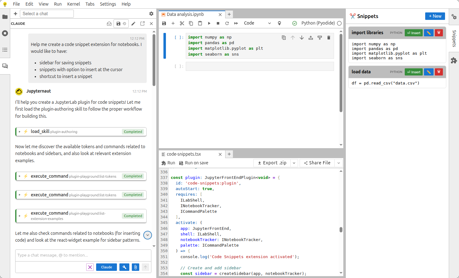 AI chat guidance alongside generated plugin code and a running snippet panel